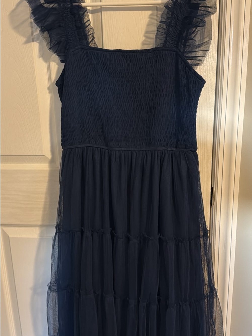 Navy Ruffle Strap Maxi Dress with Smocked Bodice